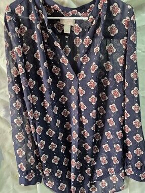 LOFT Navy Blouse with Red and White Floral Motif